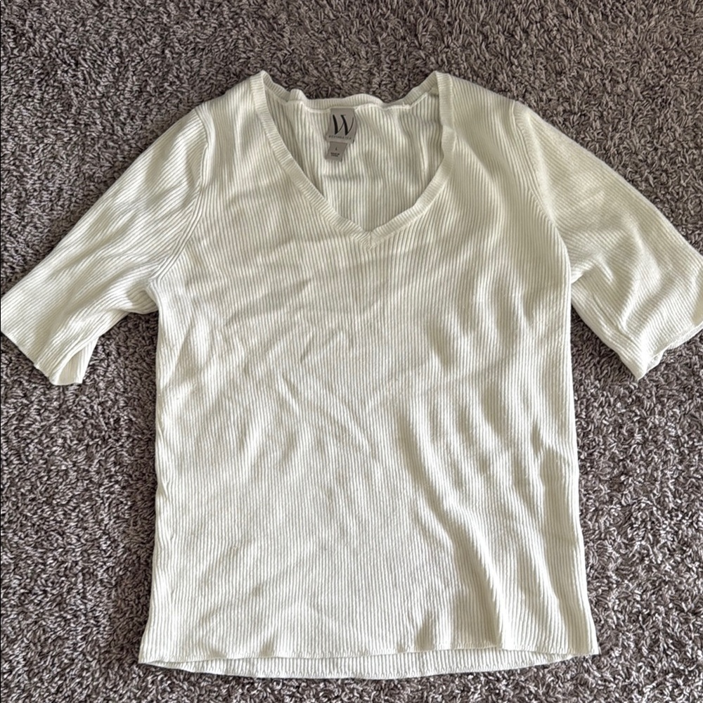 Worthington White Fitted Ribbed 3/4 Sleeve Tee
